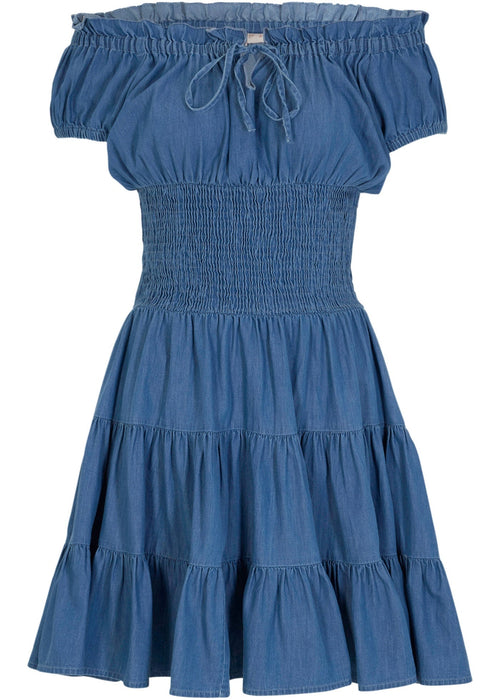 Ljetna haljina s carmen izrezom od trapera kratkog kroja